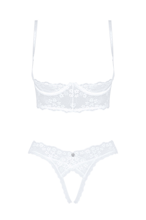 Nocna komplet półbiustonosz + stringi Obsessive Heavenlly 2-pcs cupless set biały