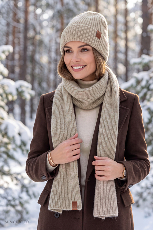 Vivisence 70123 Czapka beanie damska prążkowana z wywinięciem, beżowy