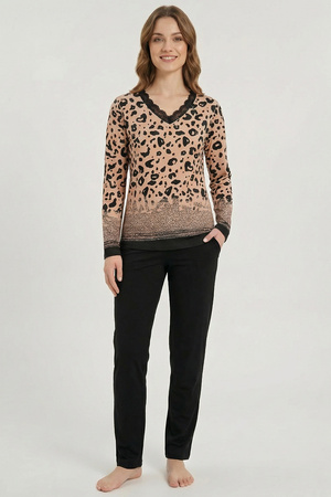 Vivisence 2061 piżama w panterkę z koronką czarno-beżowy