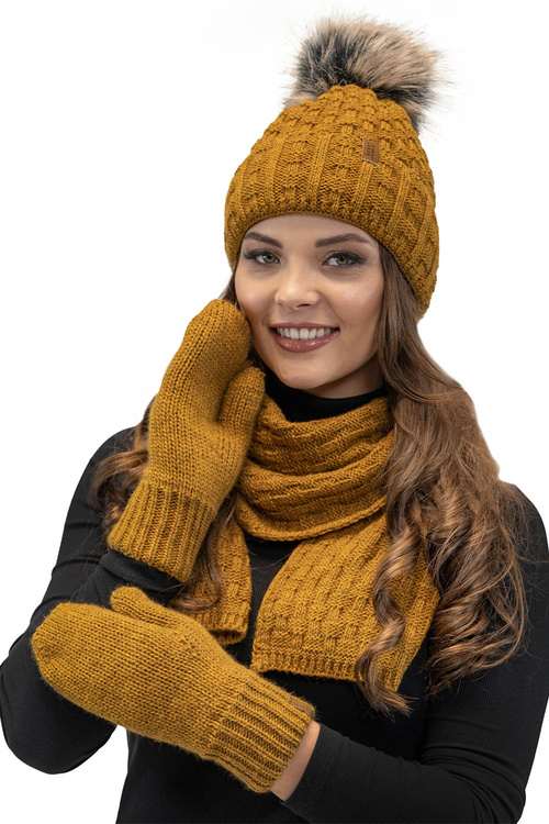 Komplet czapka+szalik+rękawiczki Vivisence 7015 Kmpl+R ciemny żółty