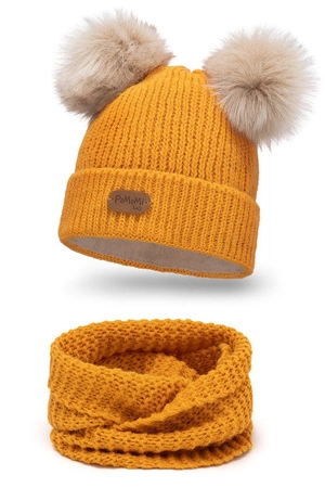 Pamami 17223+17251 komplet dziecięcy czapka z dwoma pomponami i komin miodowy