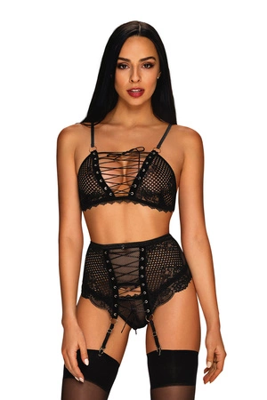 Obsessive Basitta 3-pcs set Nocna komplet biustonosz + stringi + pas do pończoch, czarny