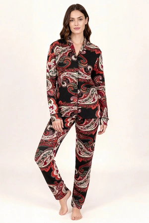 Vivisence 2063 piżama koszulowa z dekoracyjnym wzorem czarno-czerwony