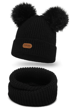Pamami 17223+17251 komplet dziecięcy czapka z dwoma pomponami i komin czarny